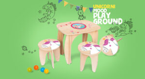 tavolo e sgabello in legno per bambini, ecologico, colorato dinosauri, pirati, unicorni