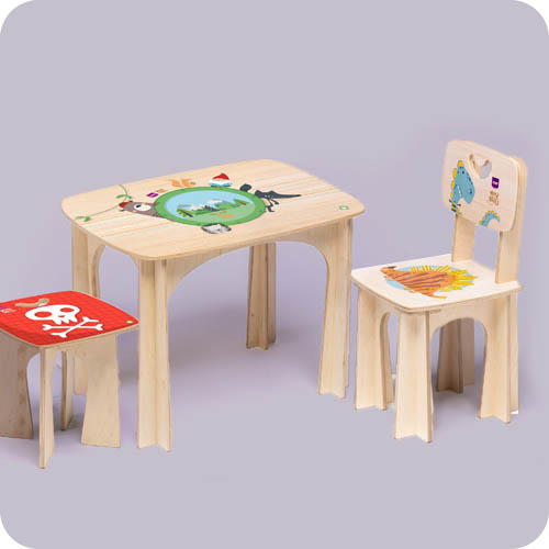 tables, stools, wooden chairs