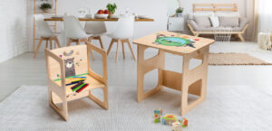 sedia e tavolino da lavoro montessori, sedia in legno per bambini montessoriano