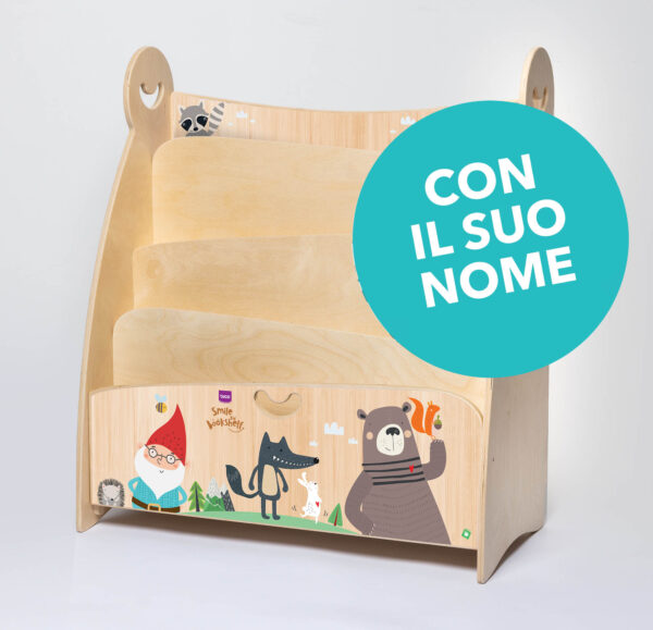 libreria montessoriana personalizzabile in legno, libreria frontale, libreiria montessori