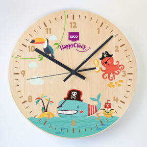 Orologio da parete in legno TUCO. Orologio in legno stampato per la cameretta dei bambini e delle bambine. Orologio per bambini.