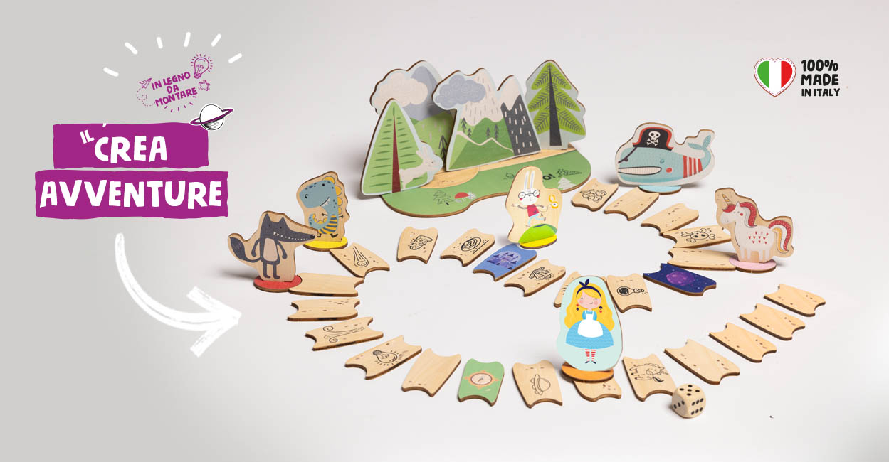 Creavventure. gioco in legno da montare per creare avventure e stimolare lo storytelling nel bambino.